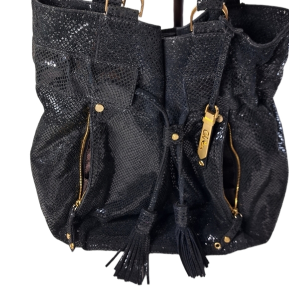 Cole Haan Women's Black Shoulder Bag Shiny Snake Skin Drawstring - Picture 5 of 16